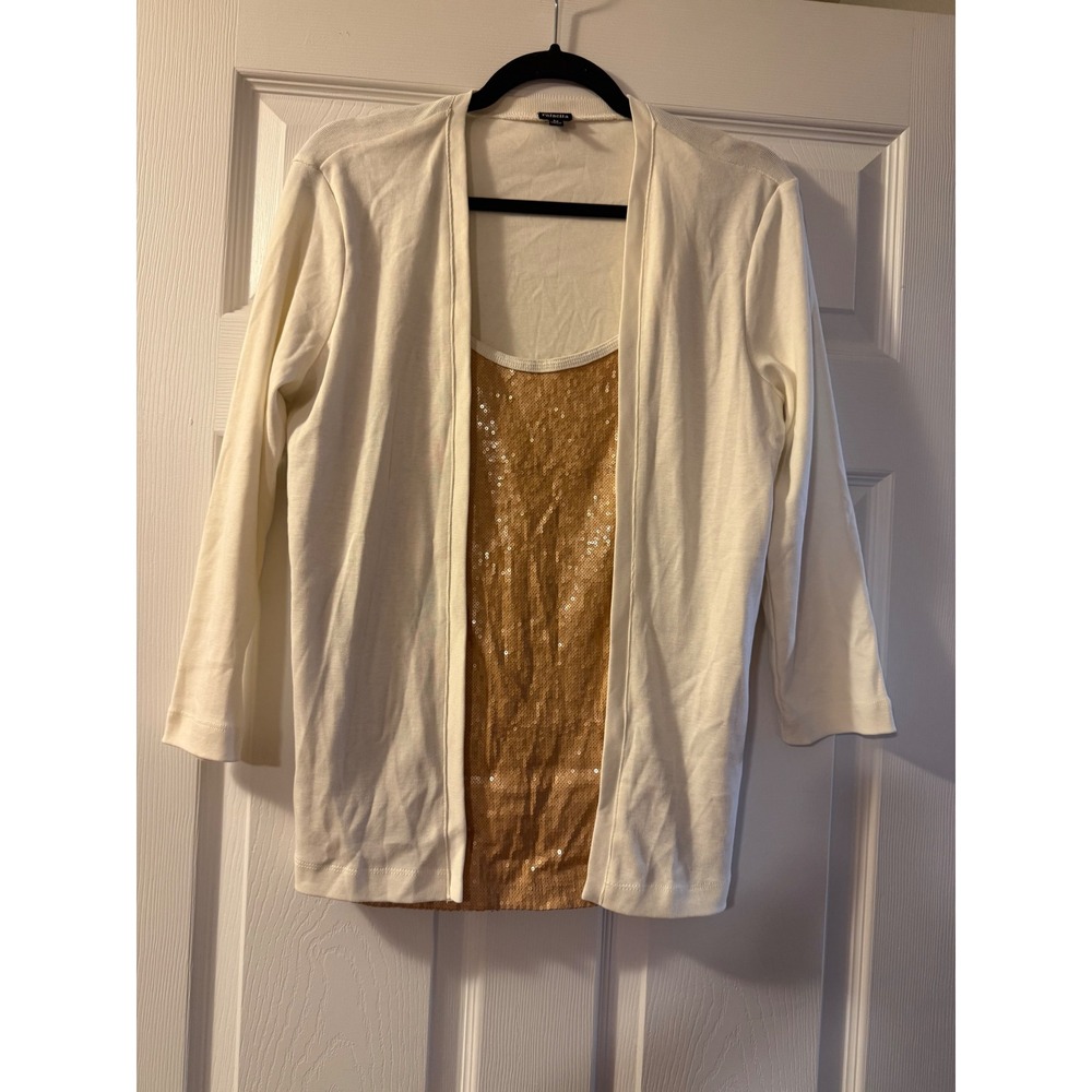 Rafaella Womens Cream Cardigan and Gold Sequin Tank Top Set Size M